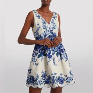 ZIMMERMANN Aliane Floral Linen Voile Mini Dress White & Blue Small Petit Pockets